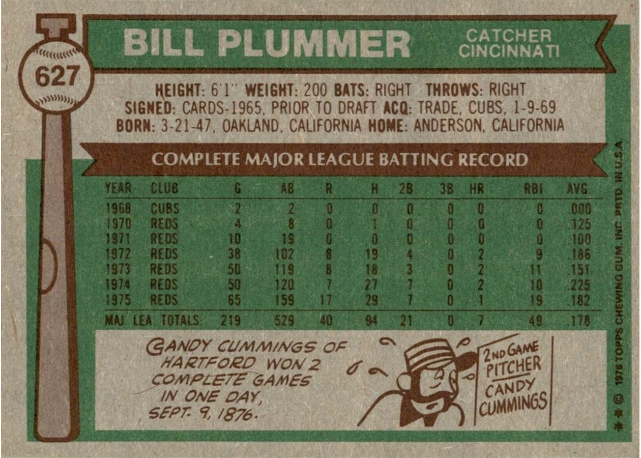 1976 Topps #627 Bill Plummer card back