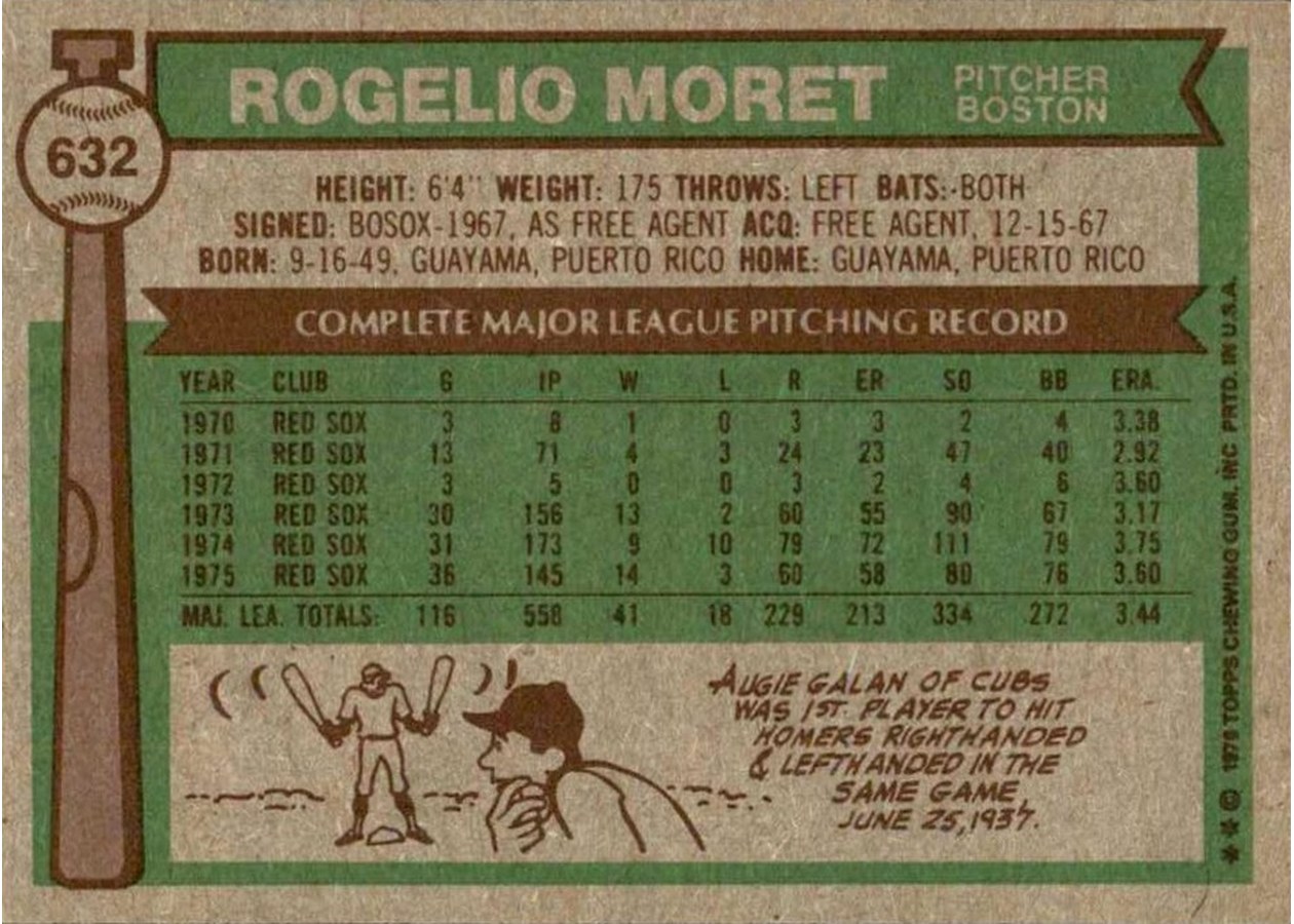 1976 Topps #632 Rogelio Moret card back
