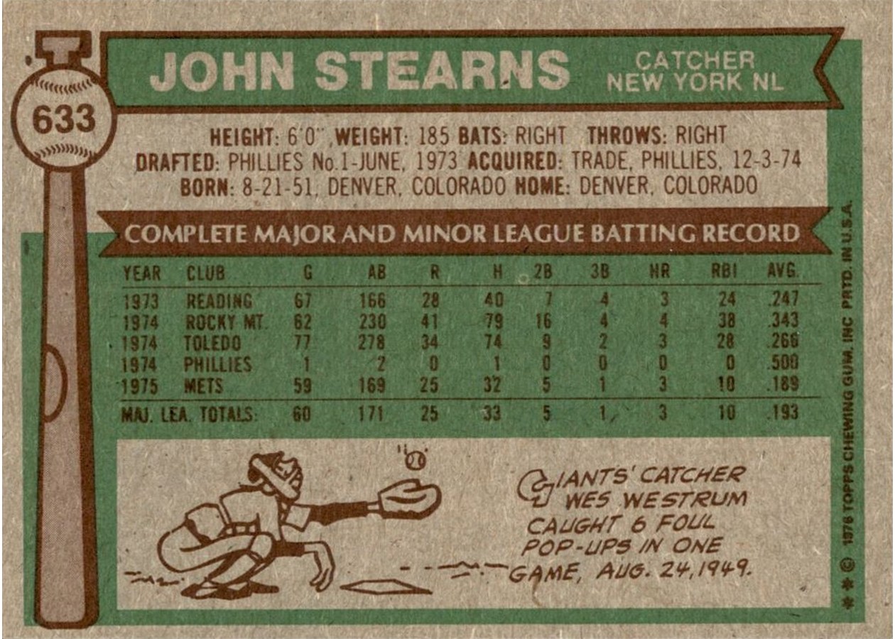 1976 Topps #633 John Stearns card back