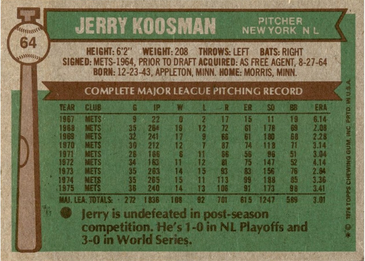 1976 Topps #64 Jerry Koosman card back