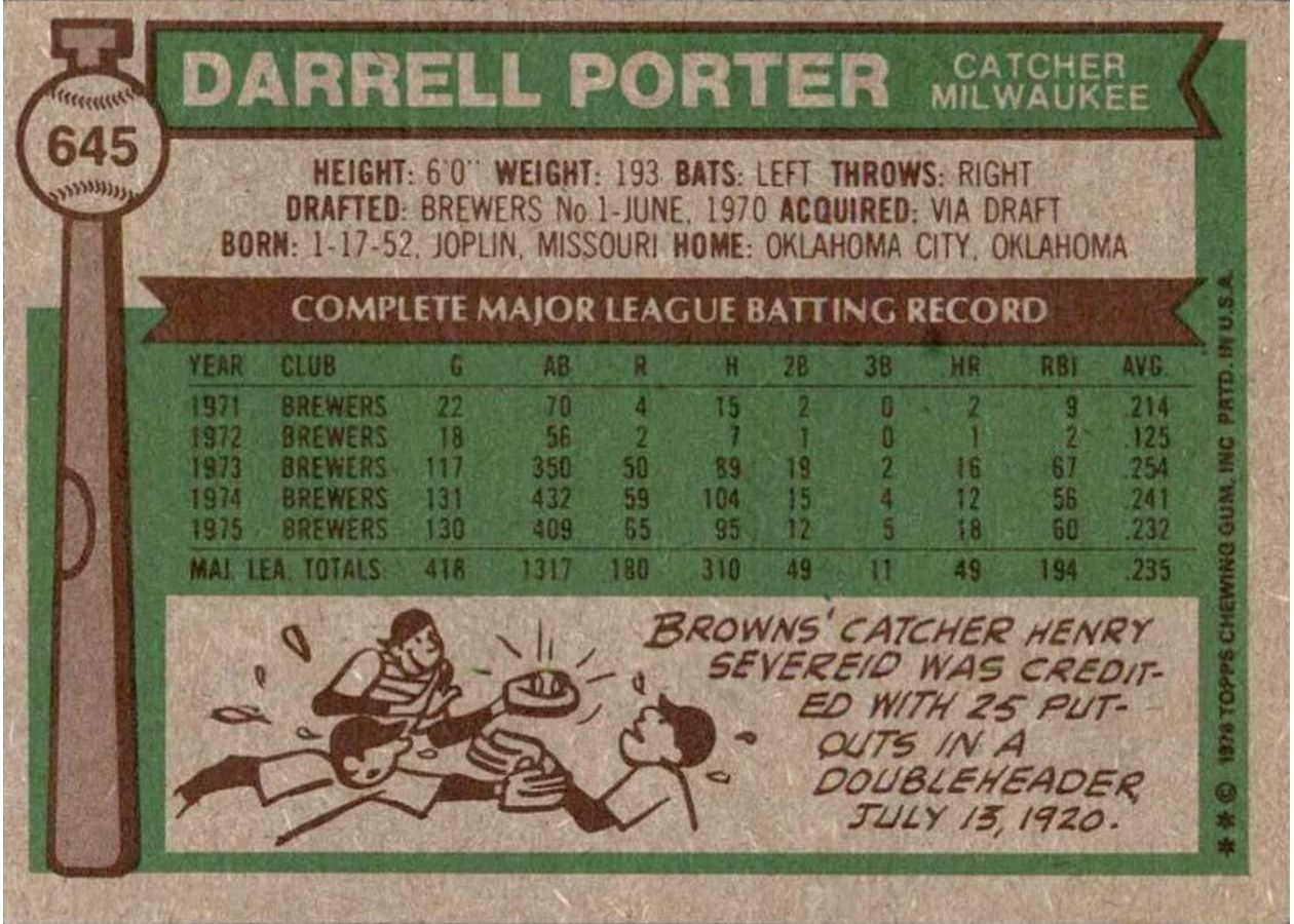 1976 Topps #645 Darrell Porter card back