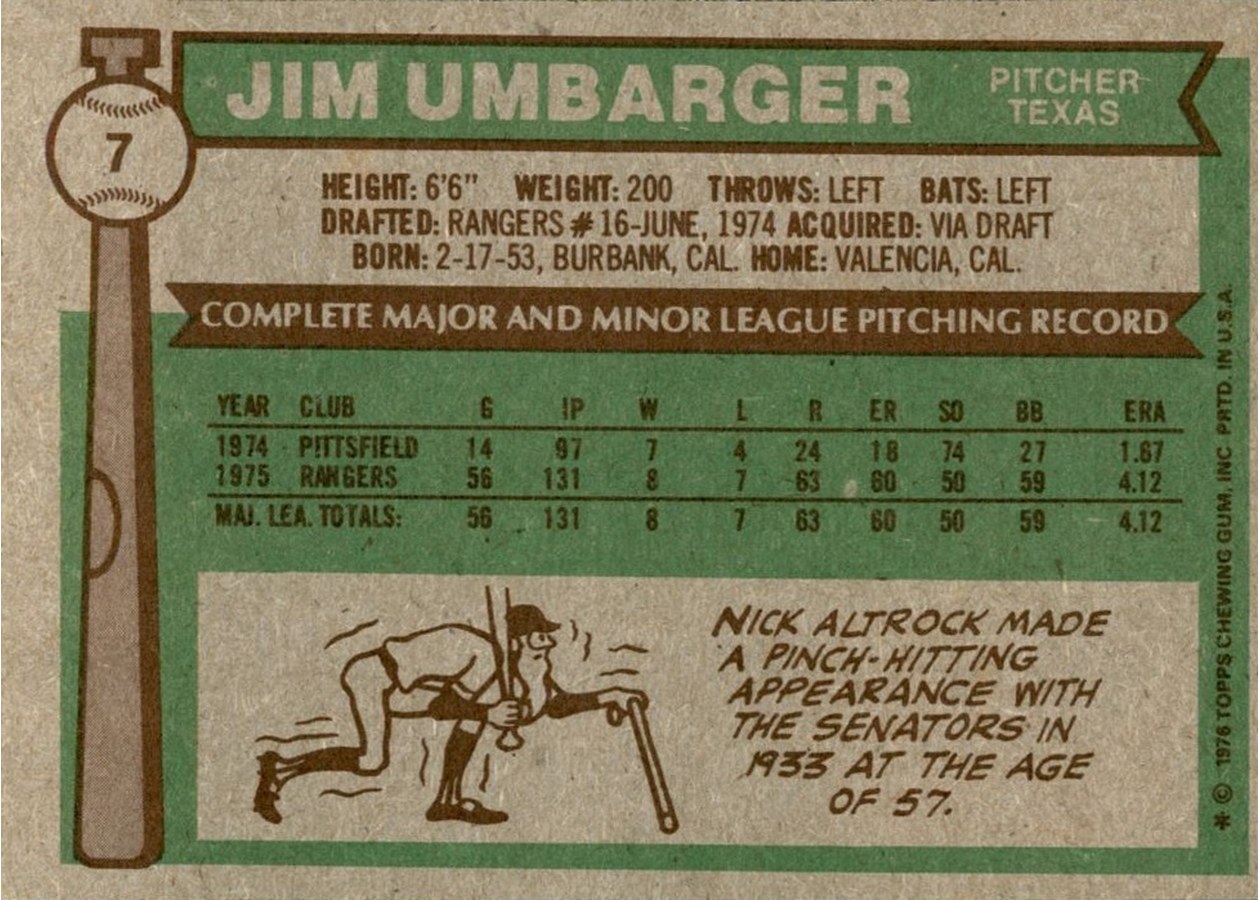 1976 Topps #7 Jim Umbarger card back