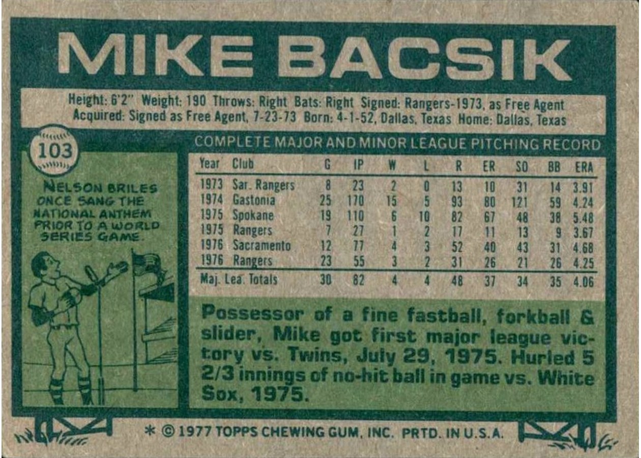 1977 Topps #103 Mike Bacsik card back