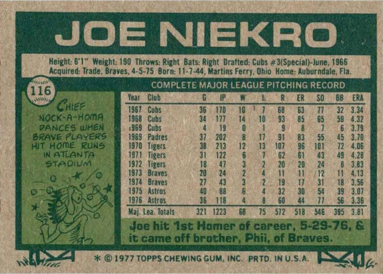 1977 Topps #116 Joe Niekro card back
