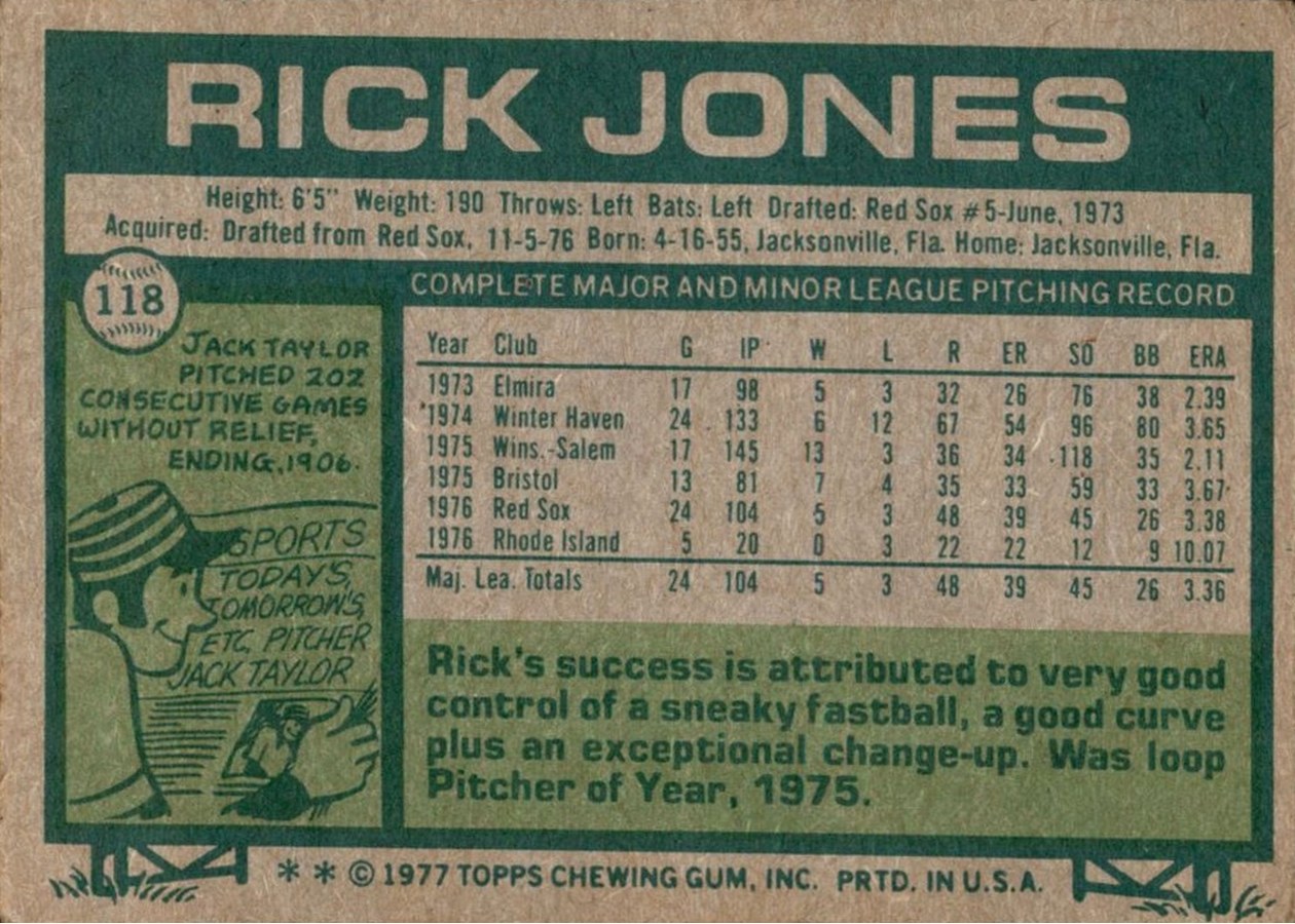 1977 Topps #118 Rick Jones card back