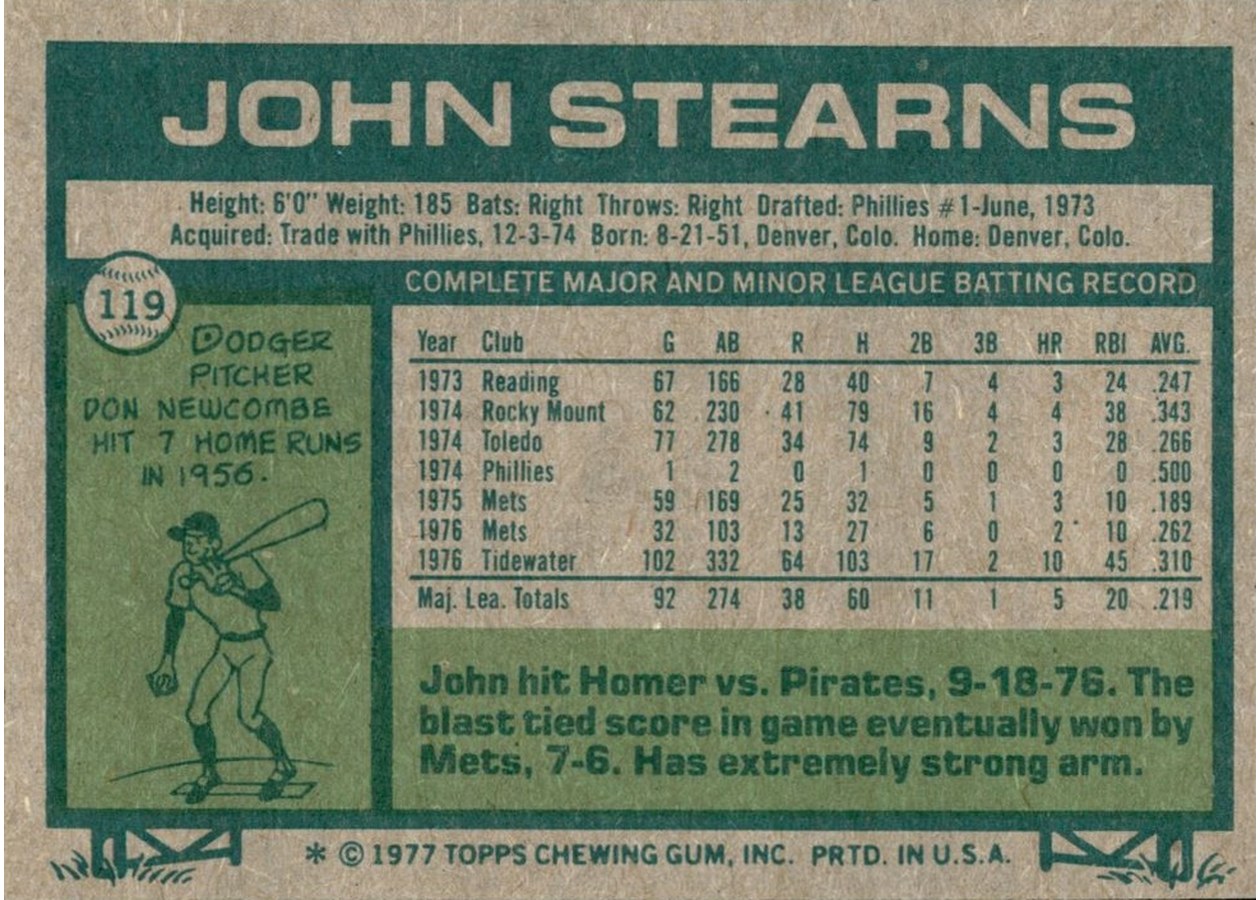 1977 Topps #119 John Stearns card back