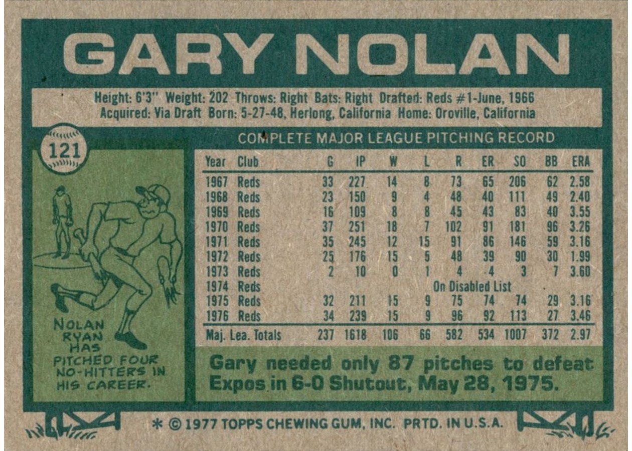 1977 Topps #121 Gary Nolan card back