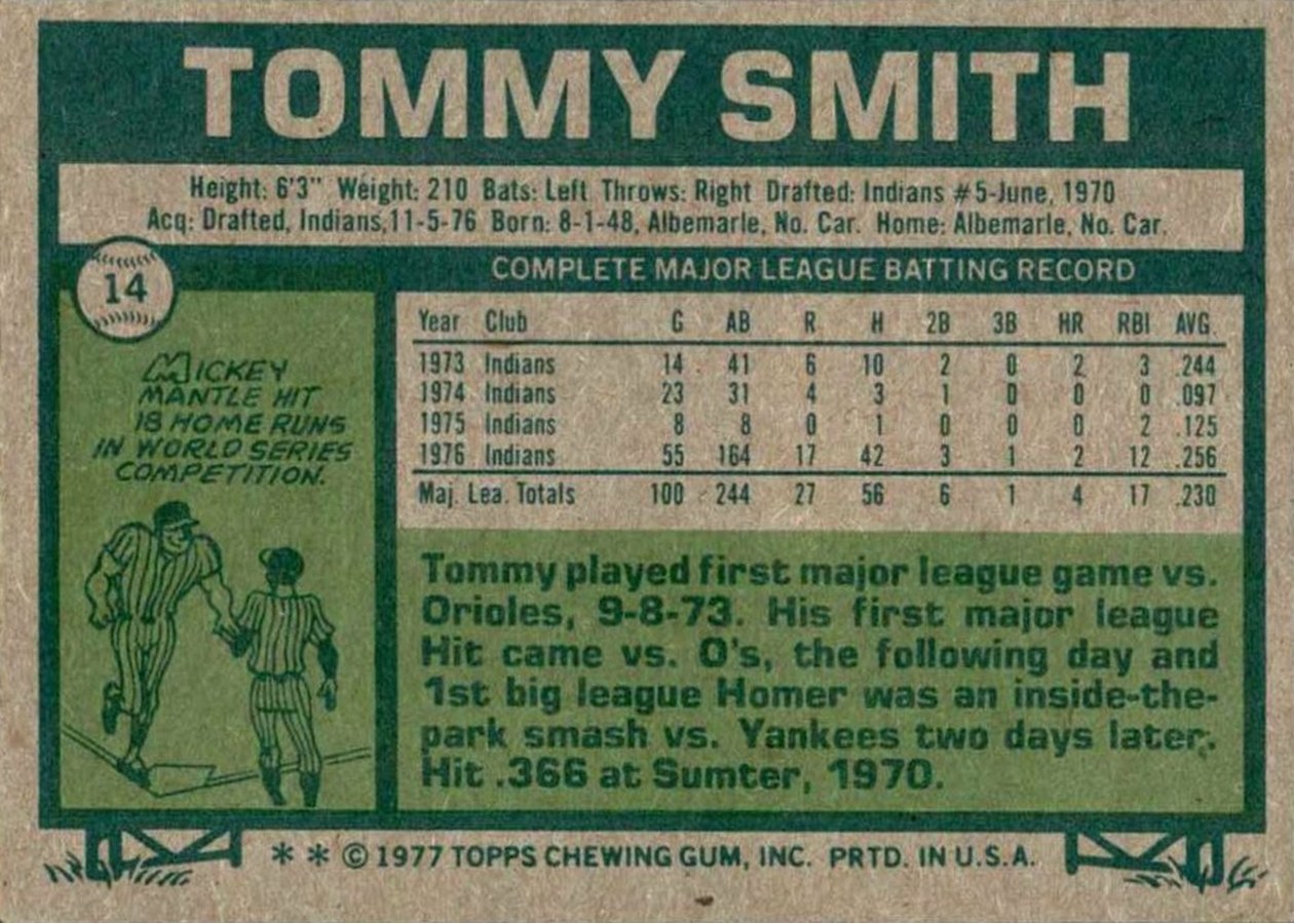 1977 Topps #14 Tommy Smith card back