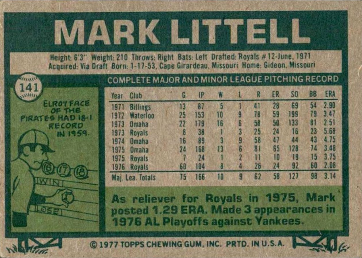 1977 Topps #141 Mark Littell card back