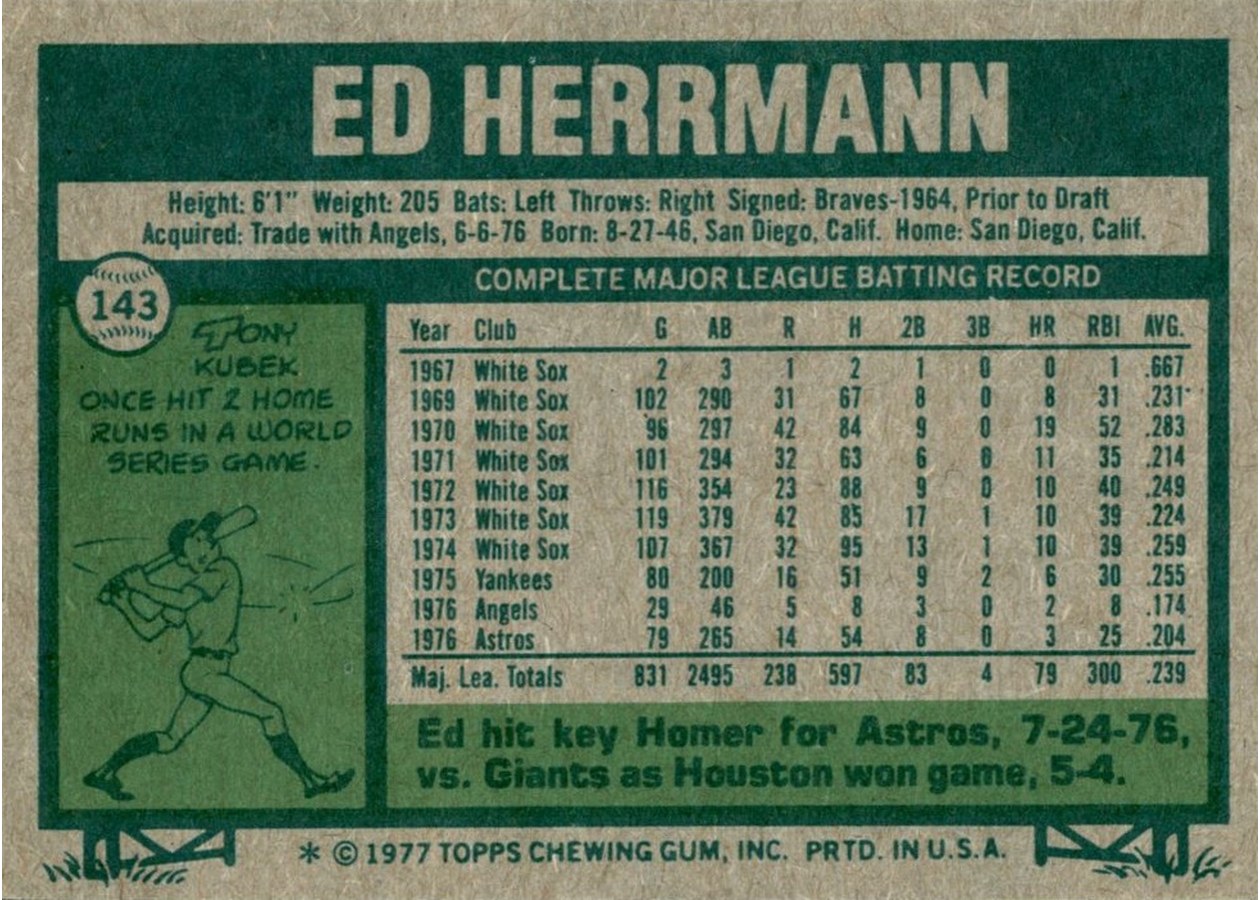 1977 Topps #143 Ed Herrmann card back