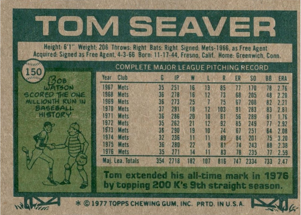1977 Topps #150 Tom Seaver card back