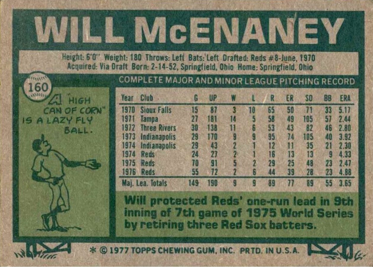 1977 Topps #160 Will McEnaney card back