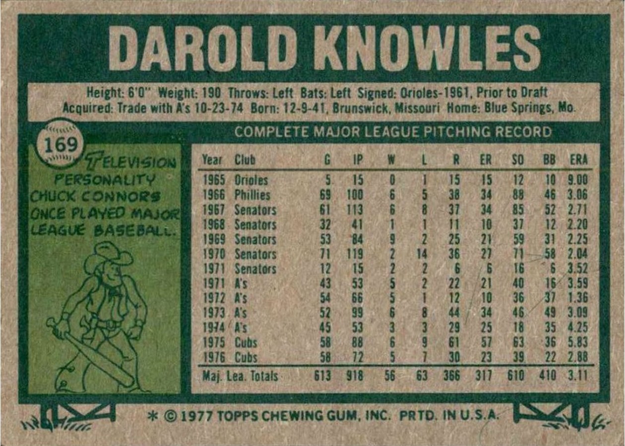 1977 Topps #169 Darold Knowles card back