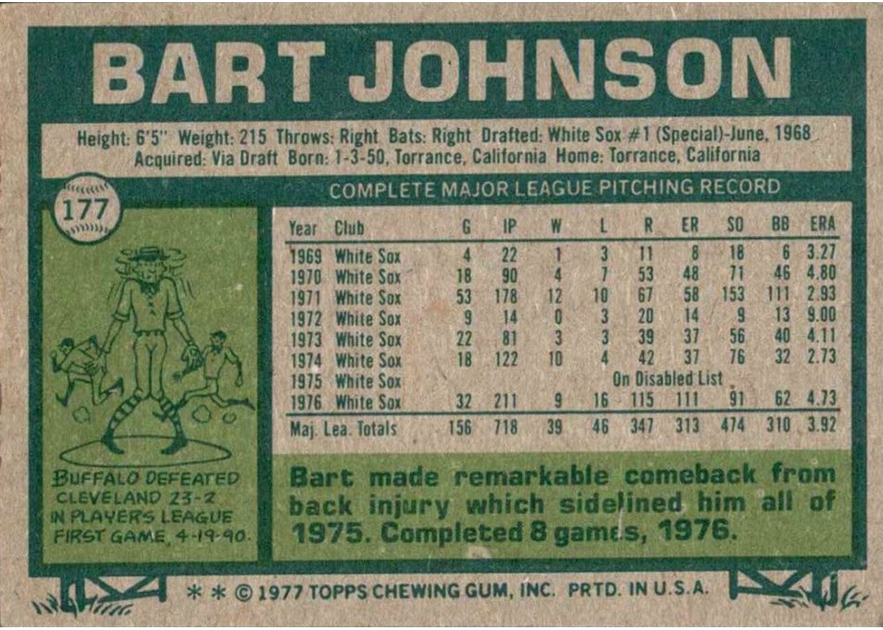 1977 Topps #177 Bart Johnson card back