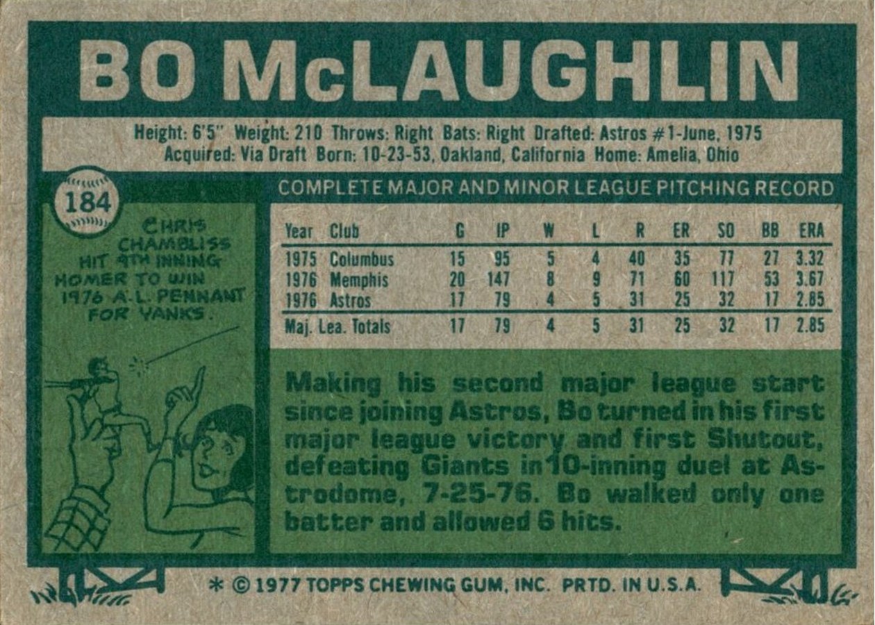 1977 Topps #184 Bo McLaughlin card back