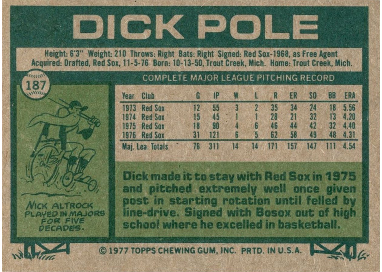 1977 Topps #187 Dick Pole card back