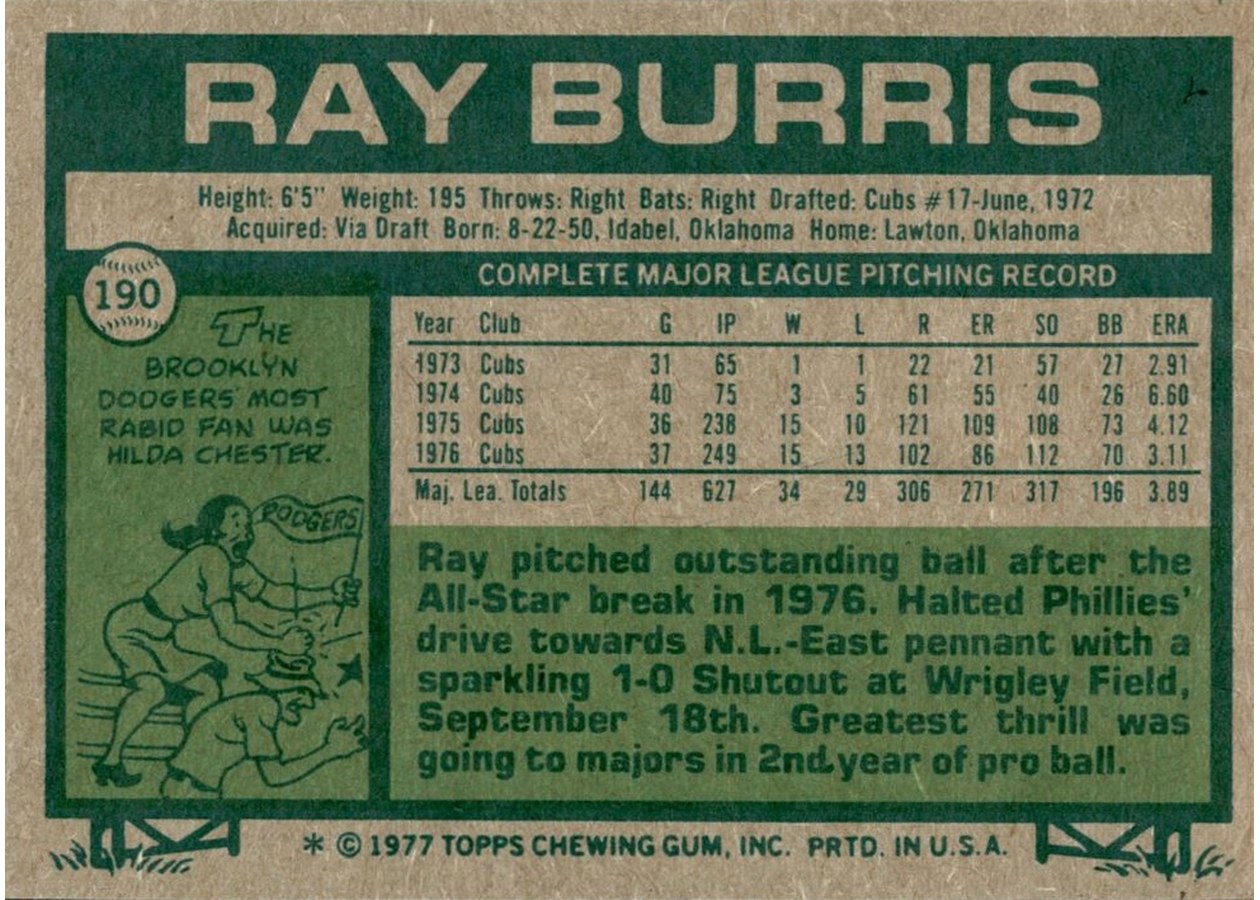 1977 Topps #190 Ray Burris card back