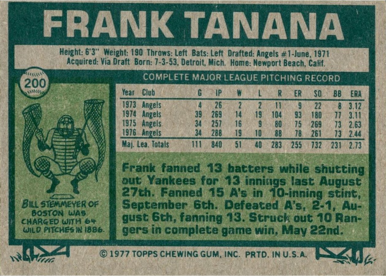 1977 Topps #200 Frank Tanana card back