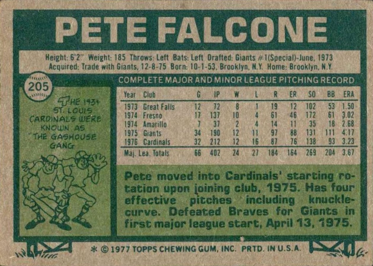 1977 Topps #205 Pete Falcone card back