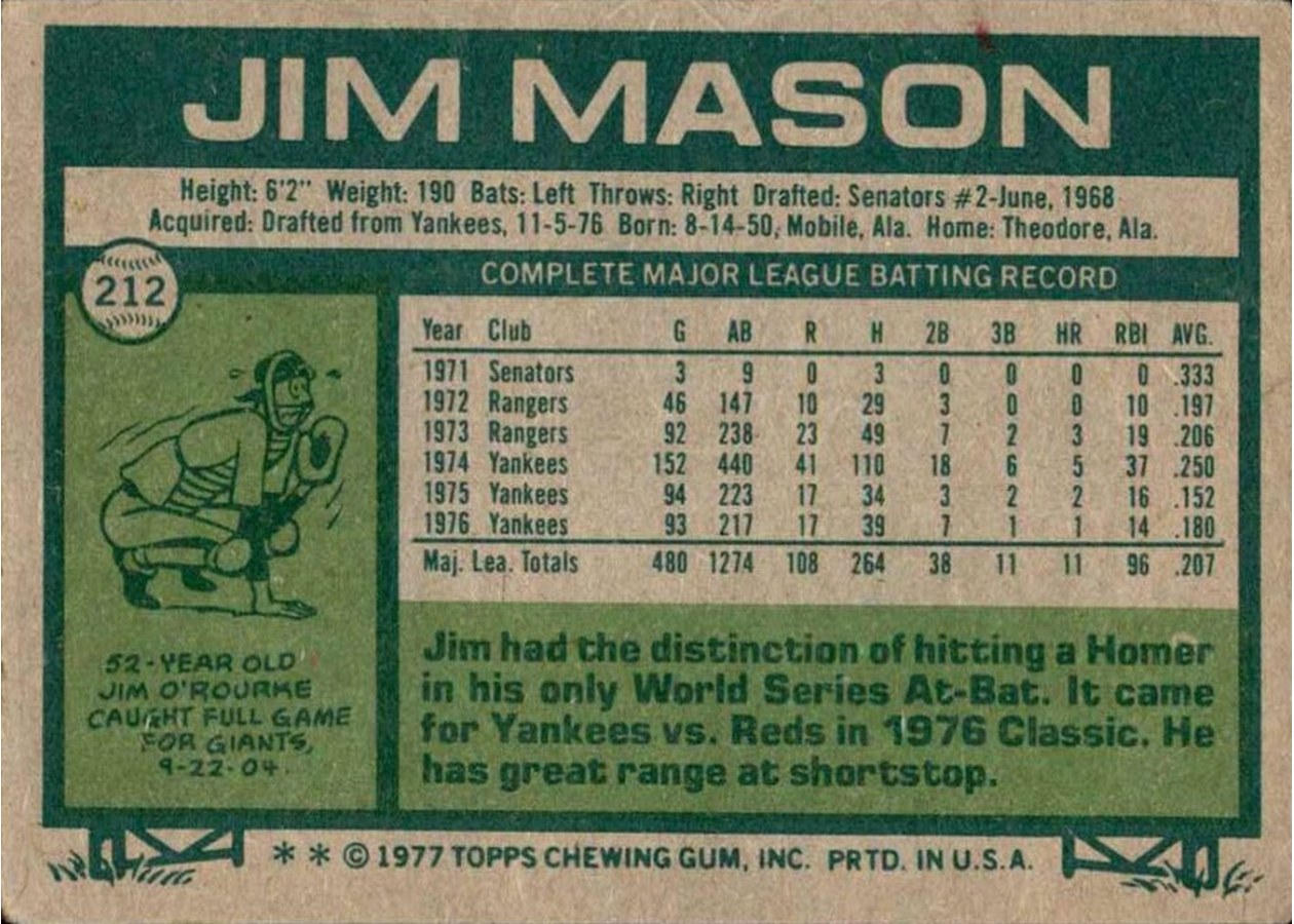 1977 Topps #212 Jim Mason card back