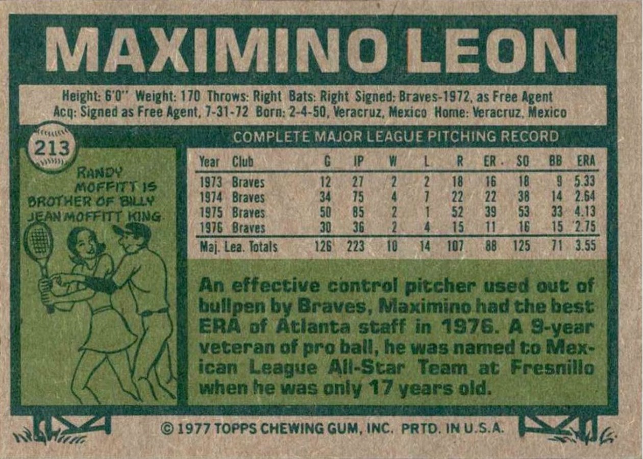 1977 Topps #213 Maximino Leon card back