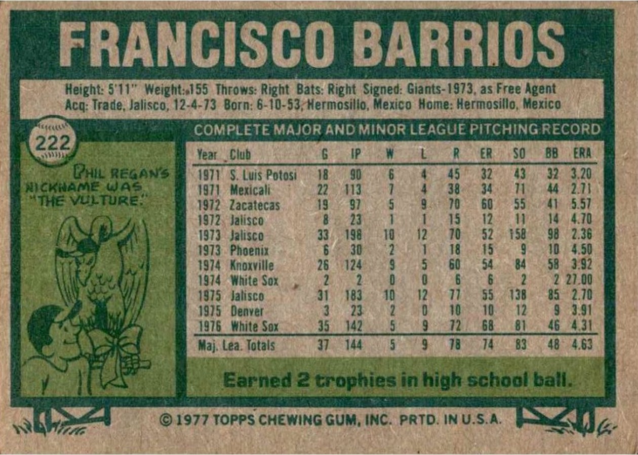 1977 Topps #222 Francisco Barrios card back