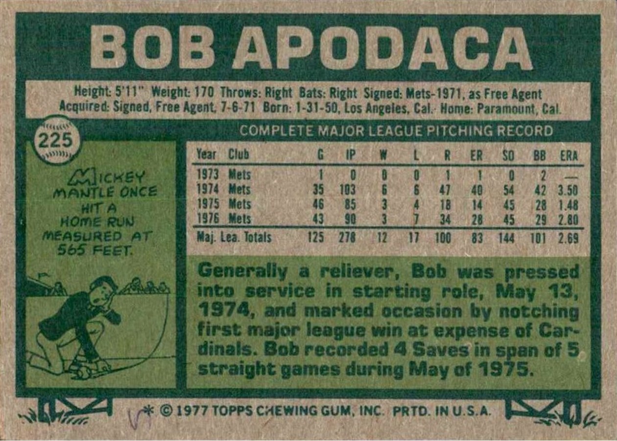 1977 Topps #225 Bob Apodaca card back