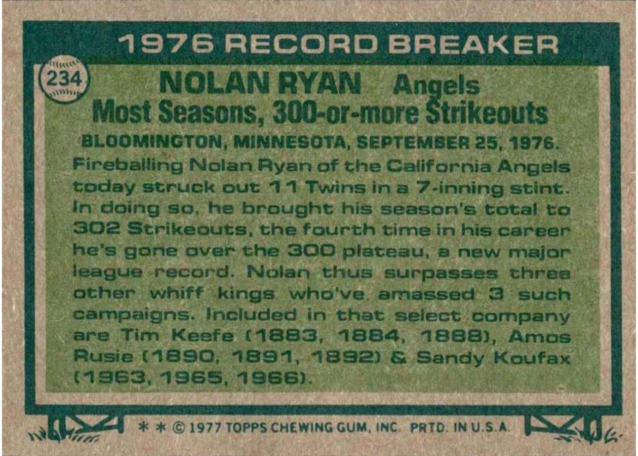 1977 Topps #234 Nolan Ryan card back