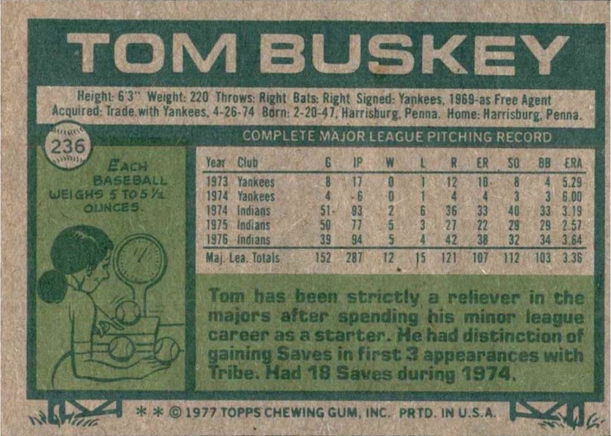 1977 Topps #236 Tom Buskey card back