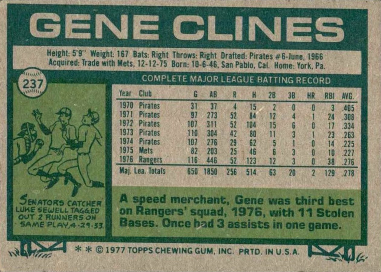 1977 Topps #237 Gene Clines card back
