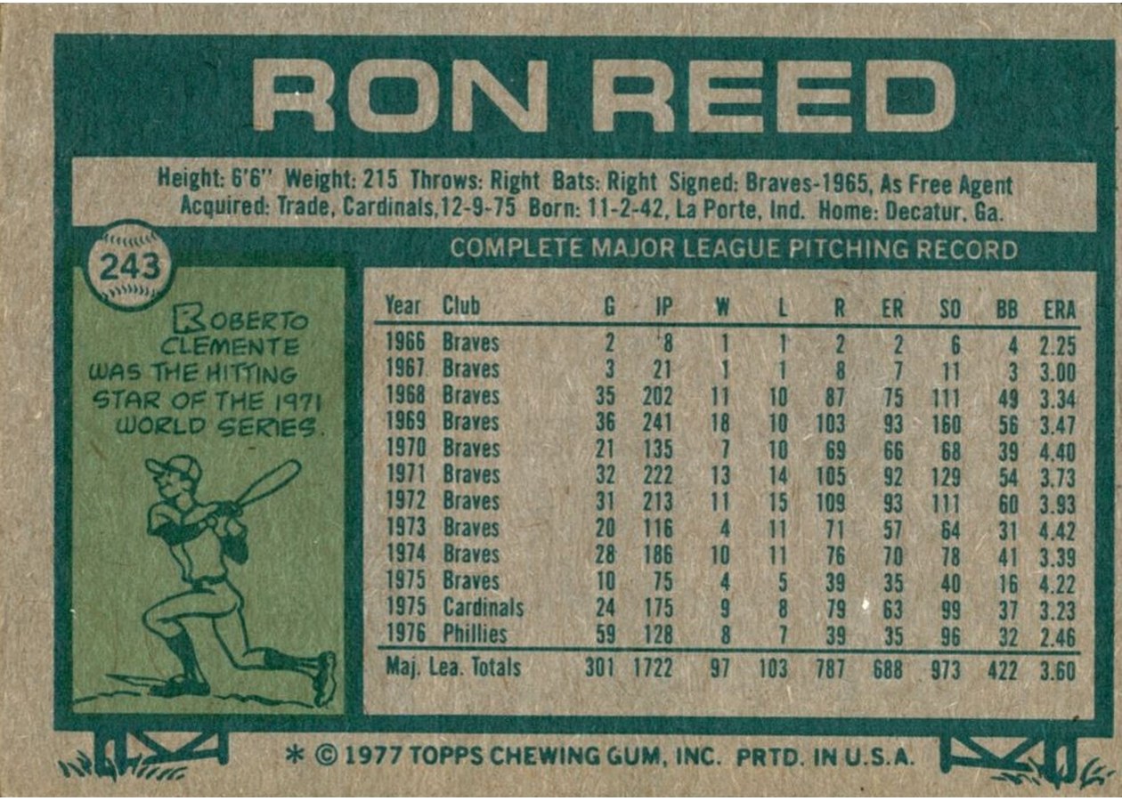 1977 Topps #243 Ron Reed card back