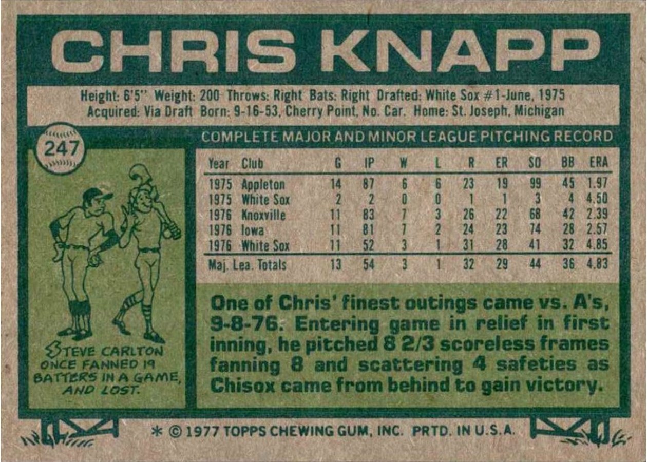1977 Topps #247 Chris Knapp card back