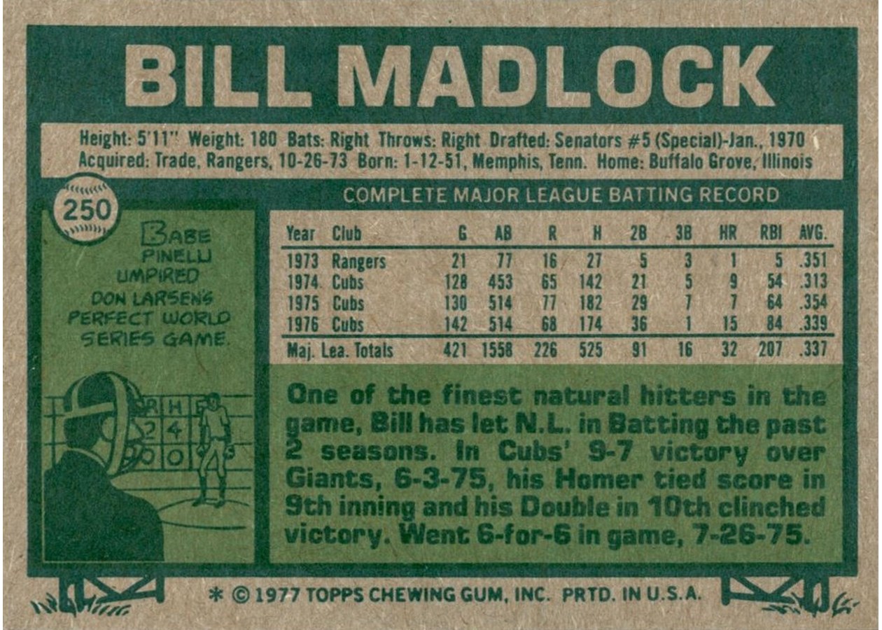1977 Topps #250 Bill Madlock card back