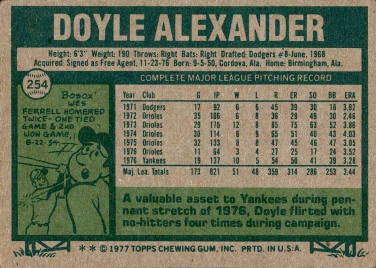 1977 Topps #254 Doyle Alexander card back
