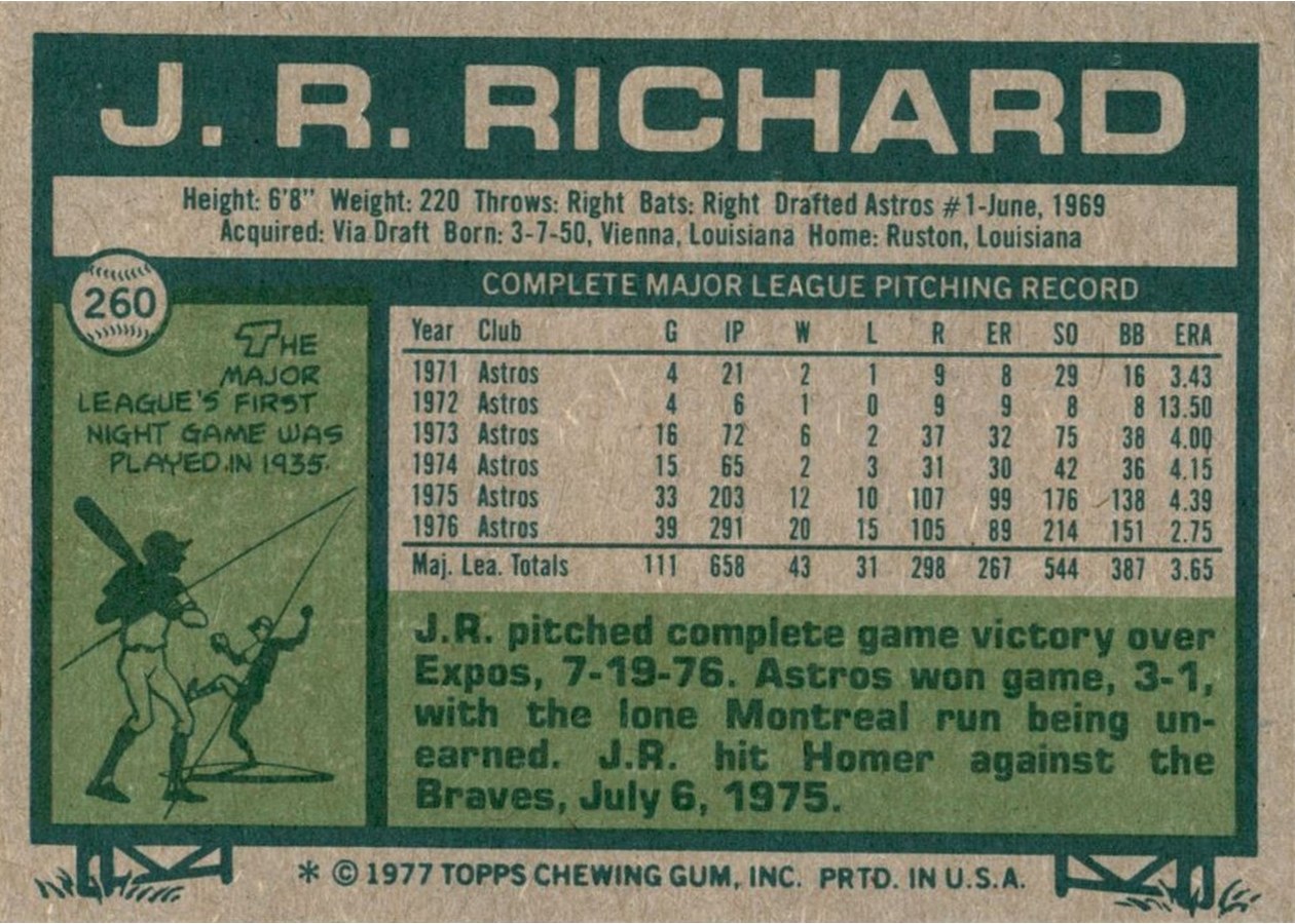 1977 Topps #260 J.R. Richard card back