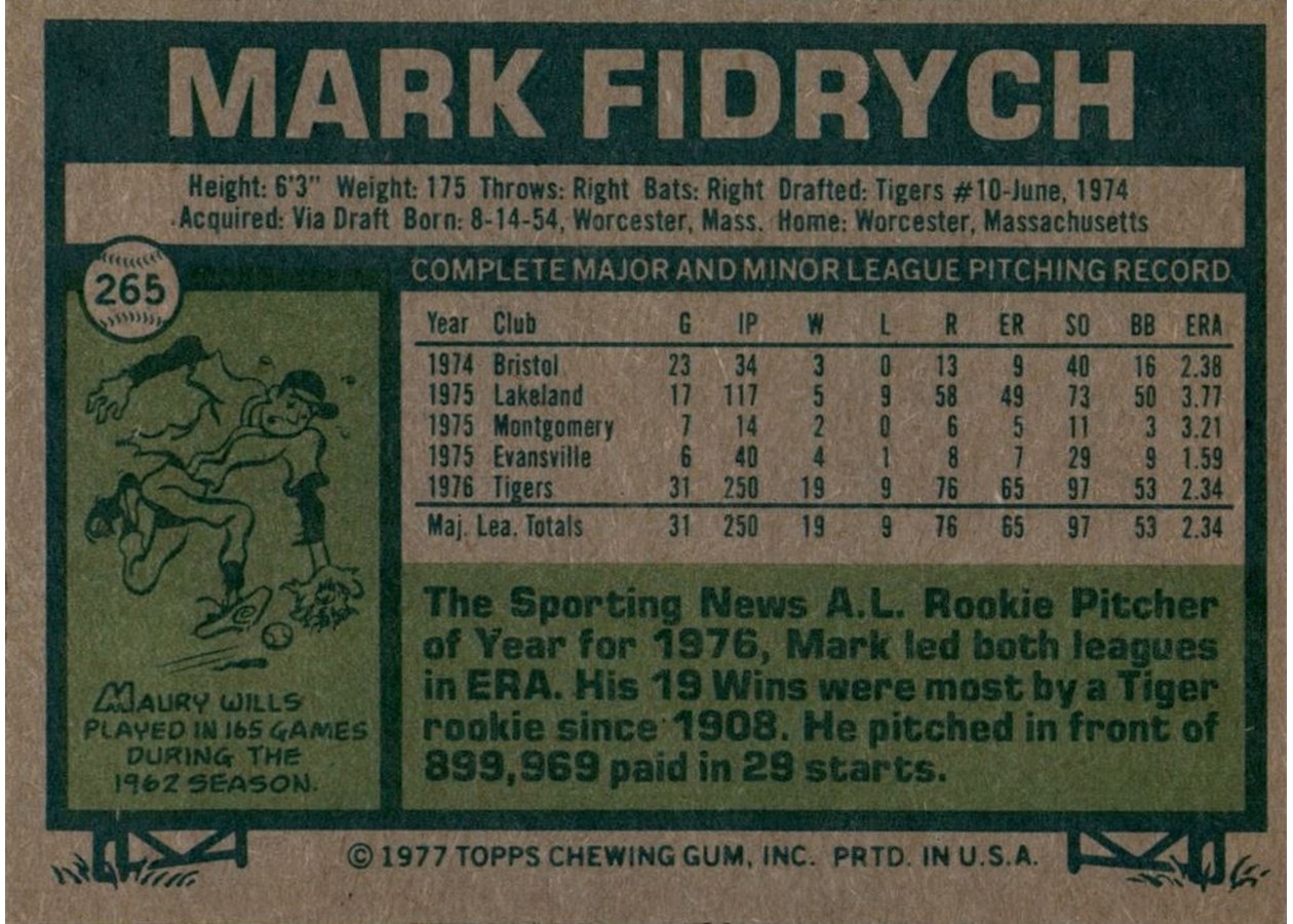 1977 Topps #265 Mark Fidrych card back
