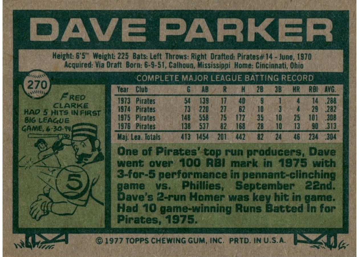 1977 Topps #270 Dave Parker card back