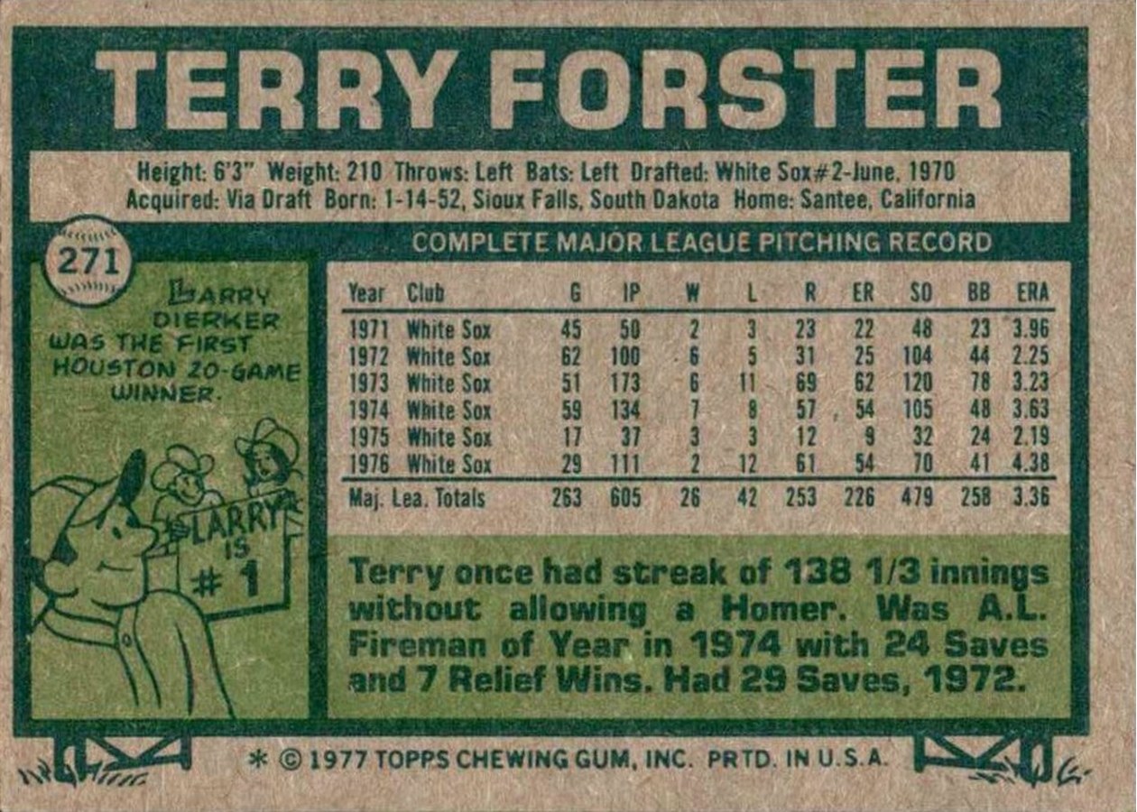 1977 Topps #271 Terry Forster card back
