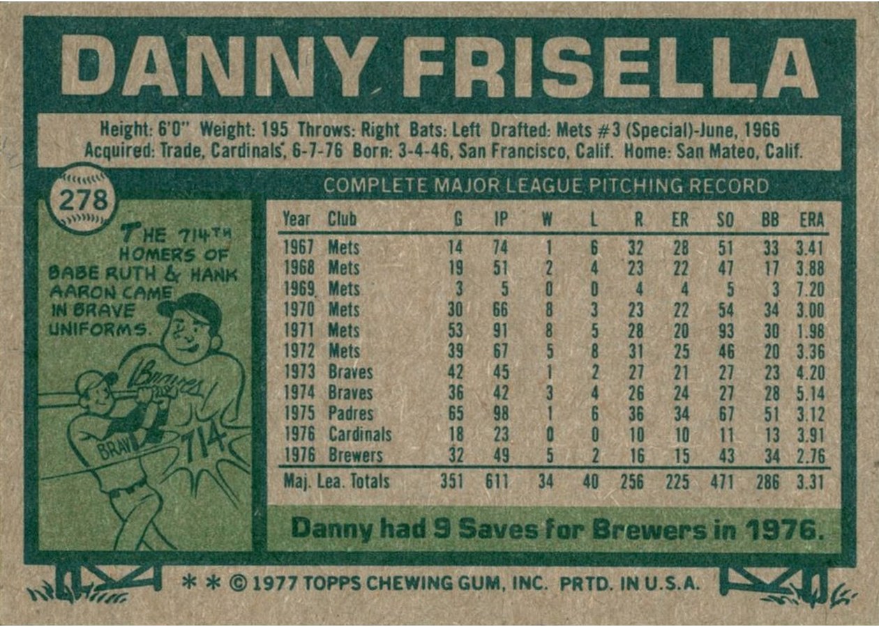 1977 Topps #278 Danny Frisella card back