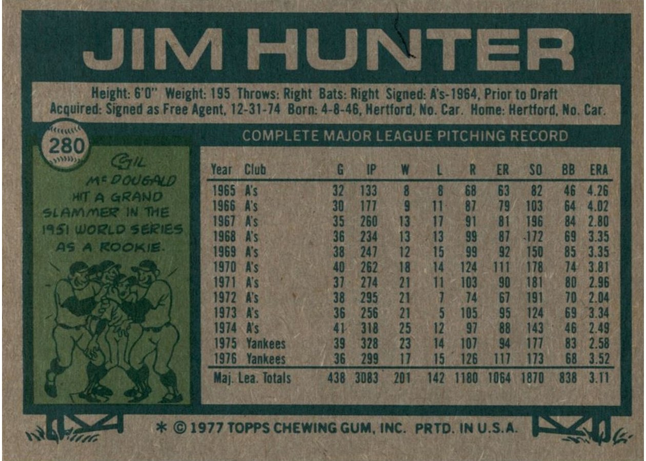 1977 Topps #280 Jim Hunter card back