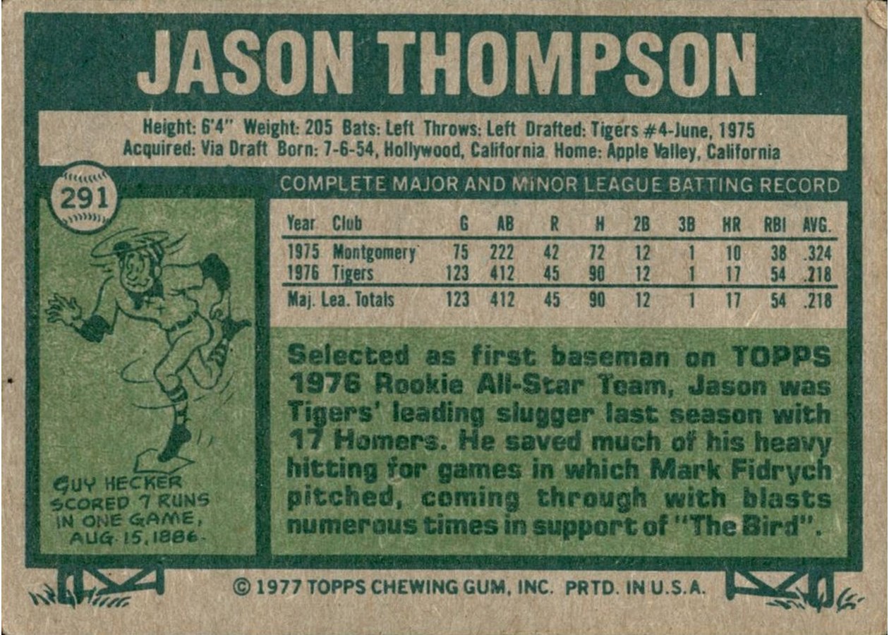 1977 Topps #291 Jason Thompson card back