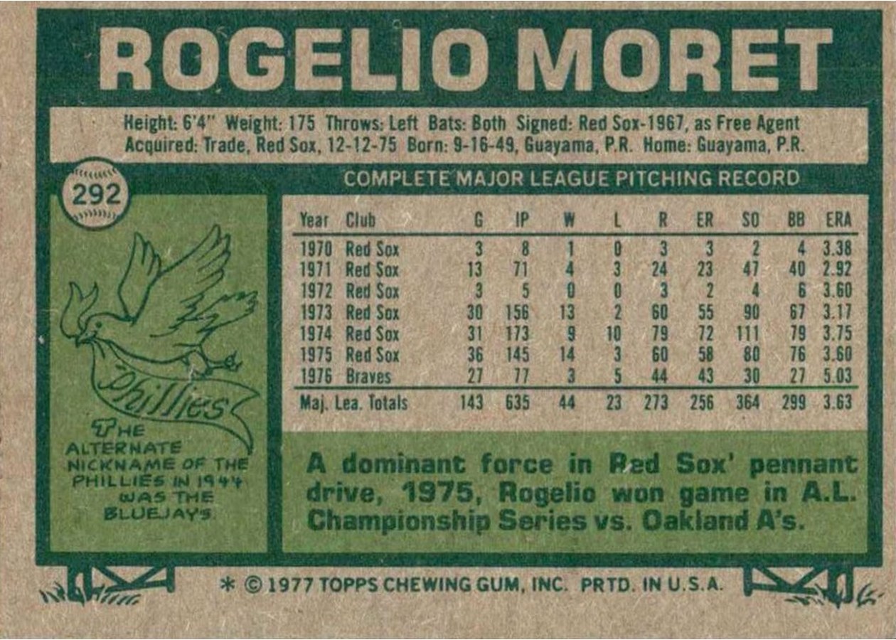 1977 Topps #292 Rogelio Moret card back