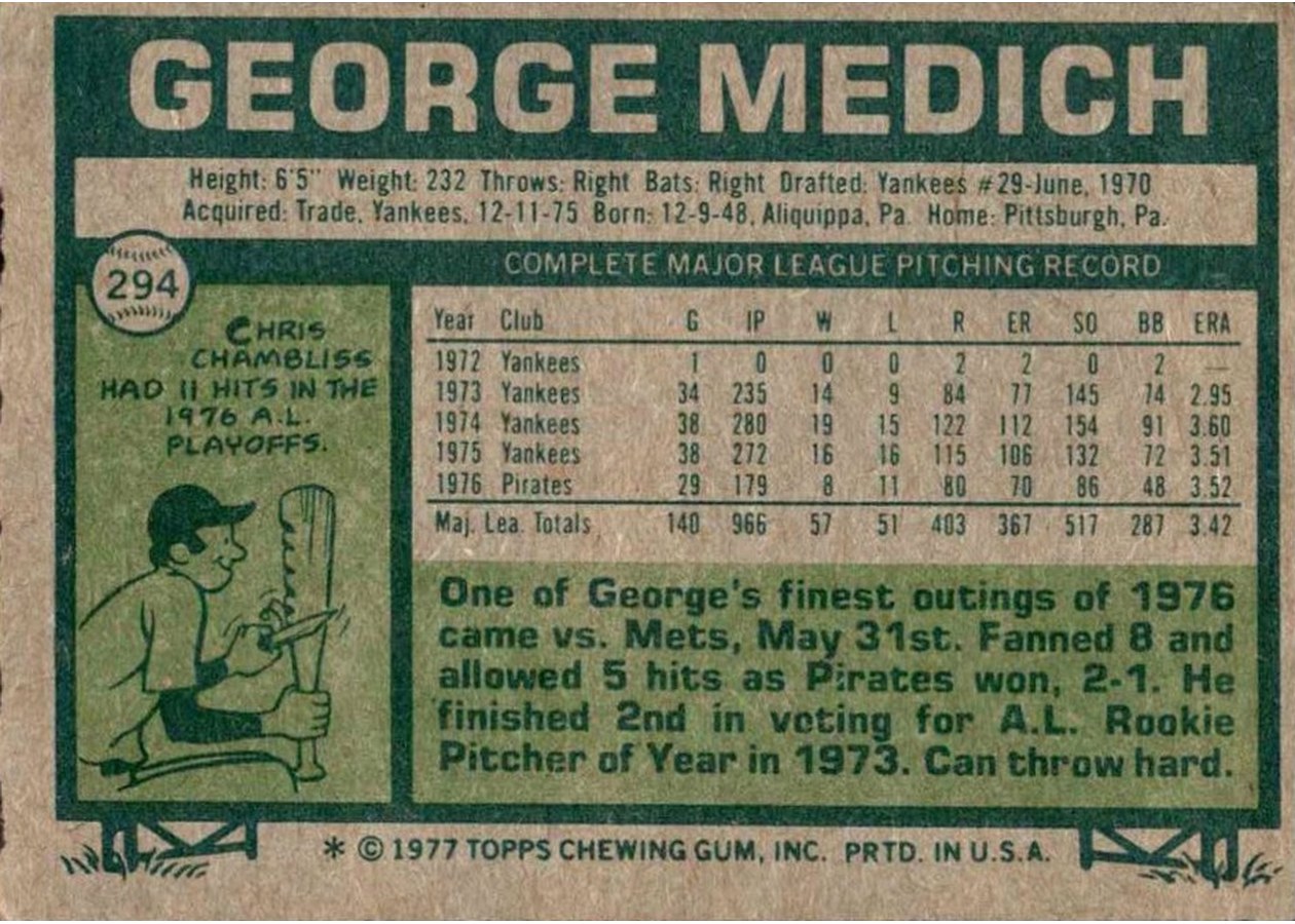 1977 Topps #294 George Medich card back