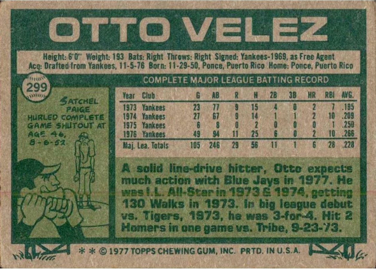 1977 Topps #299 Otto Velez card back