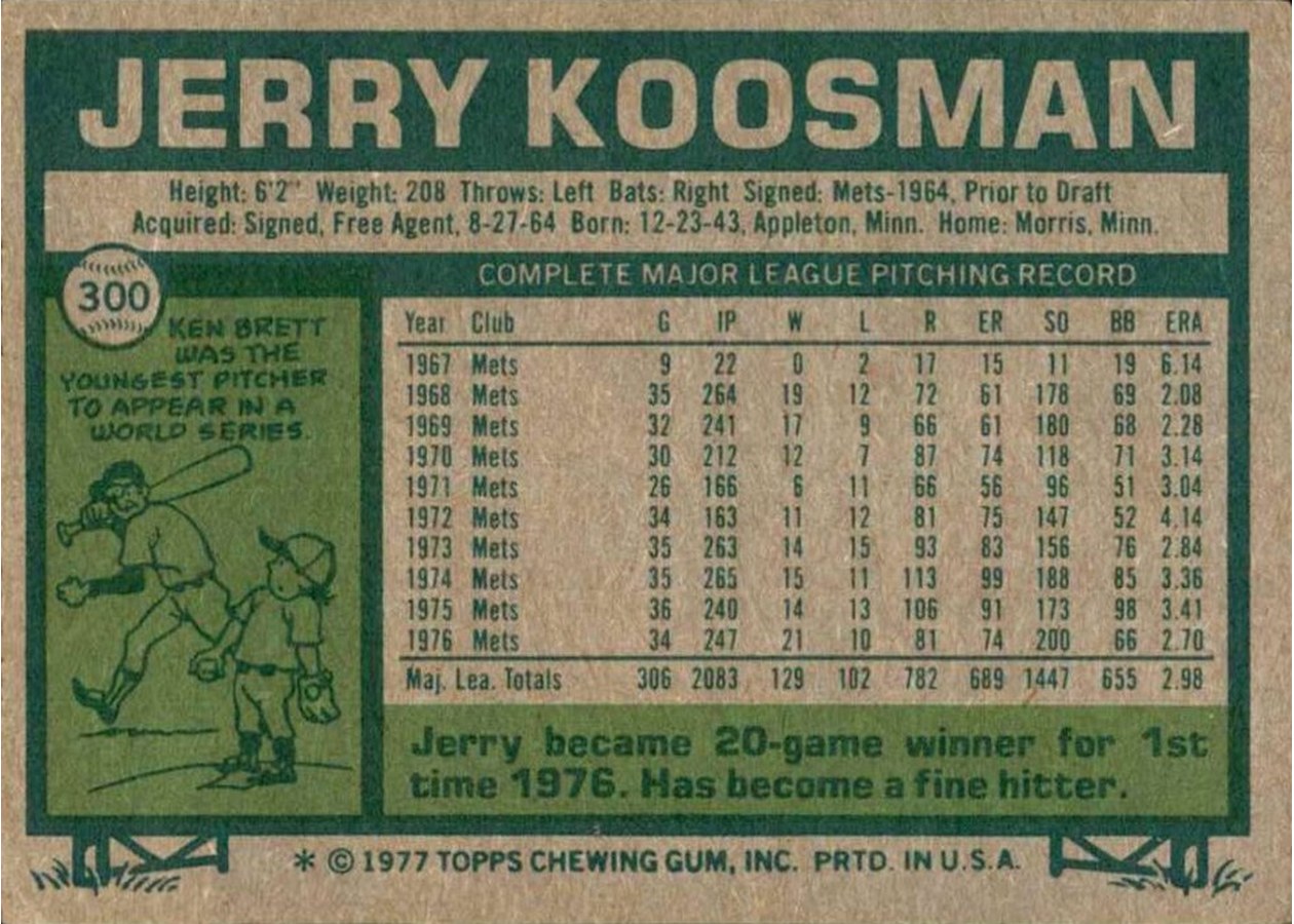 1977 Topps #300 Jerry Koosman card back