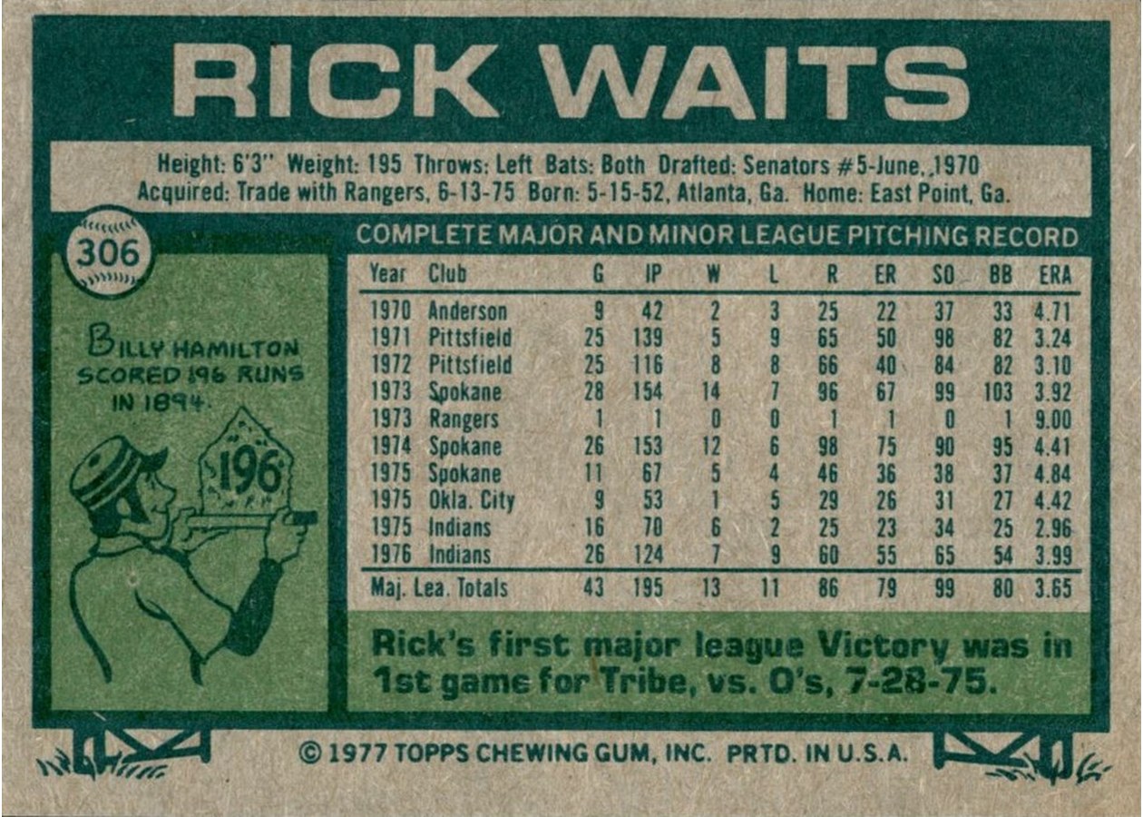 1977 Topps #306 Rick Waits card back