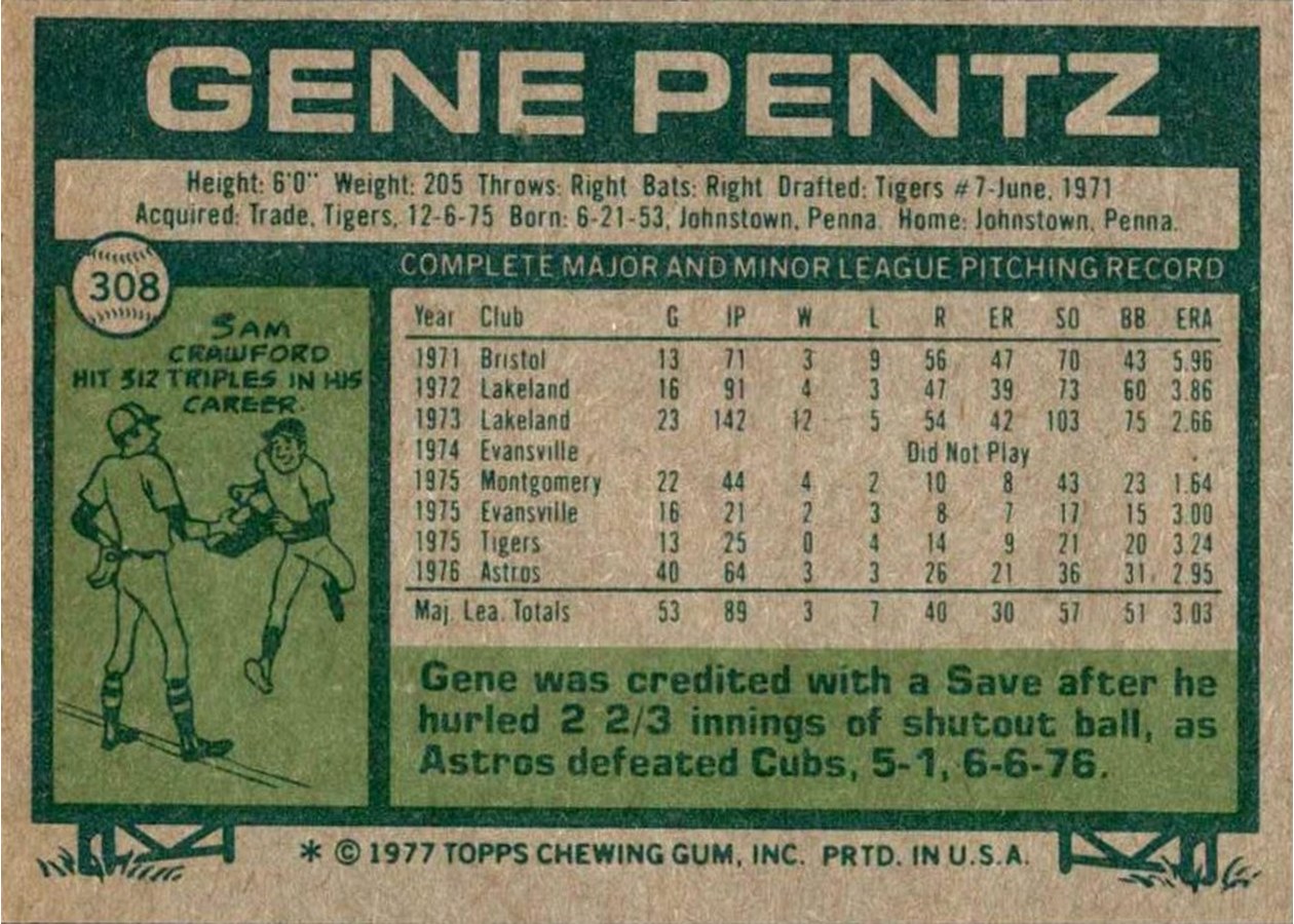 1977 Topps #308 Gene Pentz card back