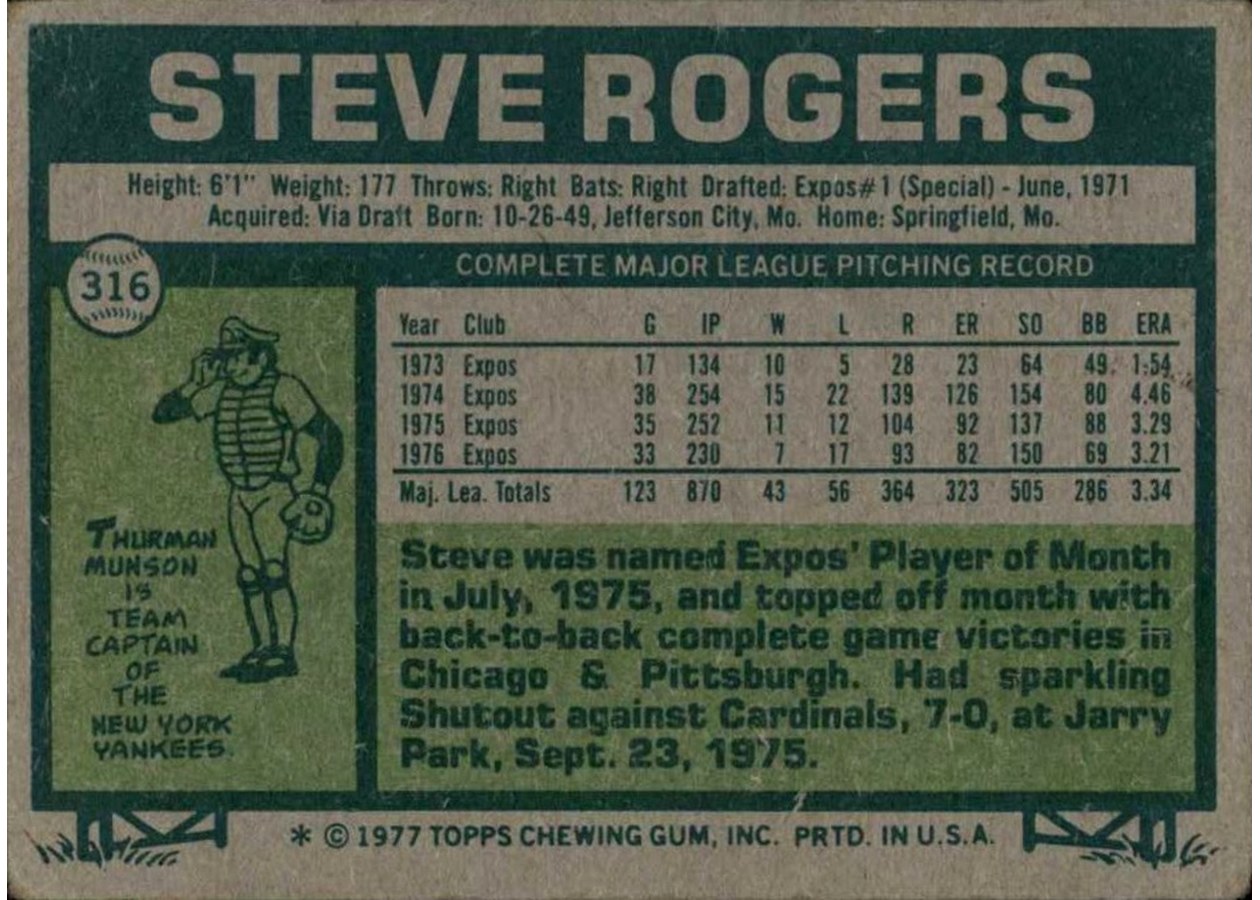 1977 Topps #316 Steve Rogers card back