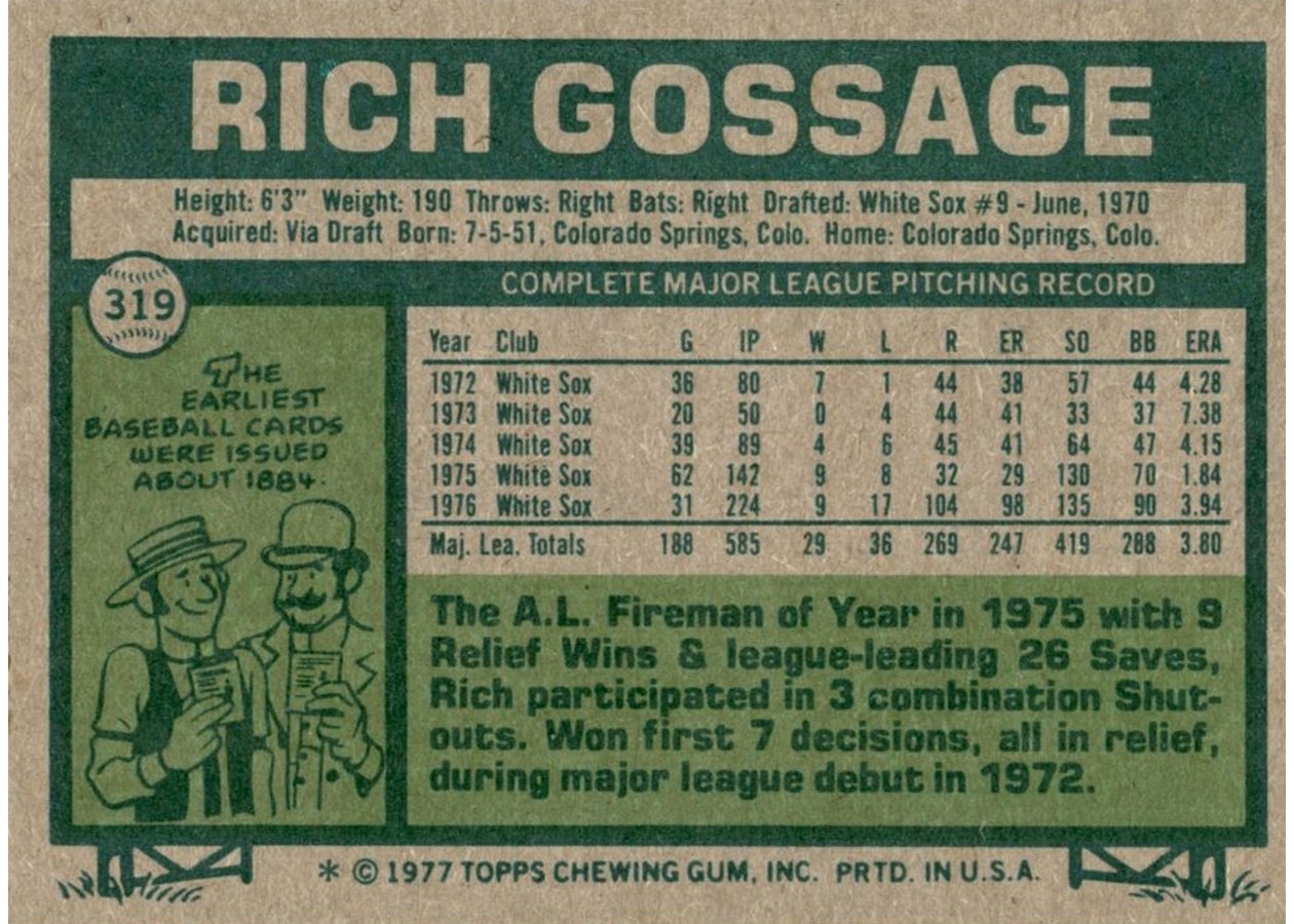 1977 Topps #319 Rich Gossage card back