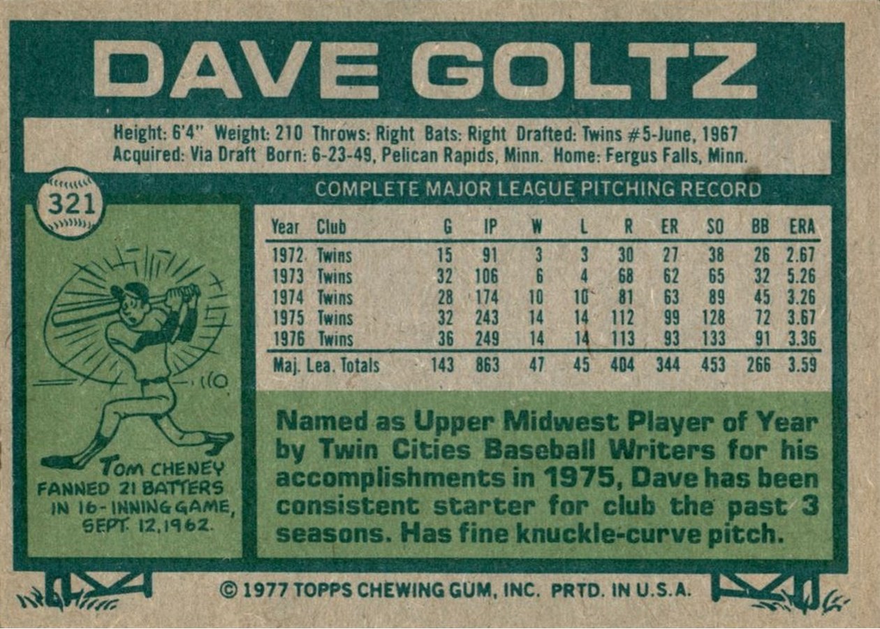 1977 Topps #321 Dave Goltz card back